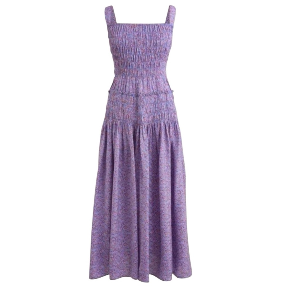 J. Crew Smocked Midi Dress in Summer Fields Print Large Purple Summer Vacation